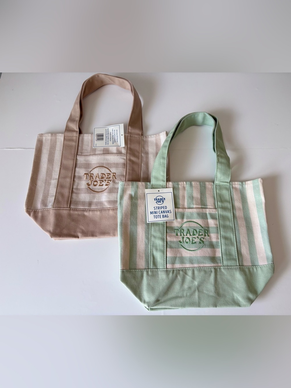 NWT Trader Joe’s Striped Mini Canvas Tote Bag Bundle | Beige & Mint Green | 2